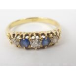 Edwardian five stone sapphire and diamond ring with old cut brilliants in gold "18ct".