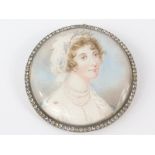 German miniature portrait of a young woman with pearls, in gold paste set brooch / pendant mount.