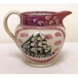 19th century Sunderland lustre jug with transfer panels depicting a ship and verse and pink lustre