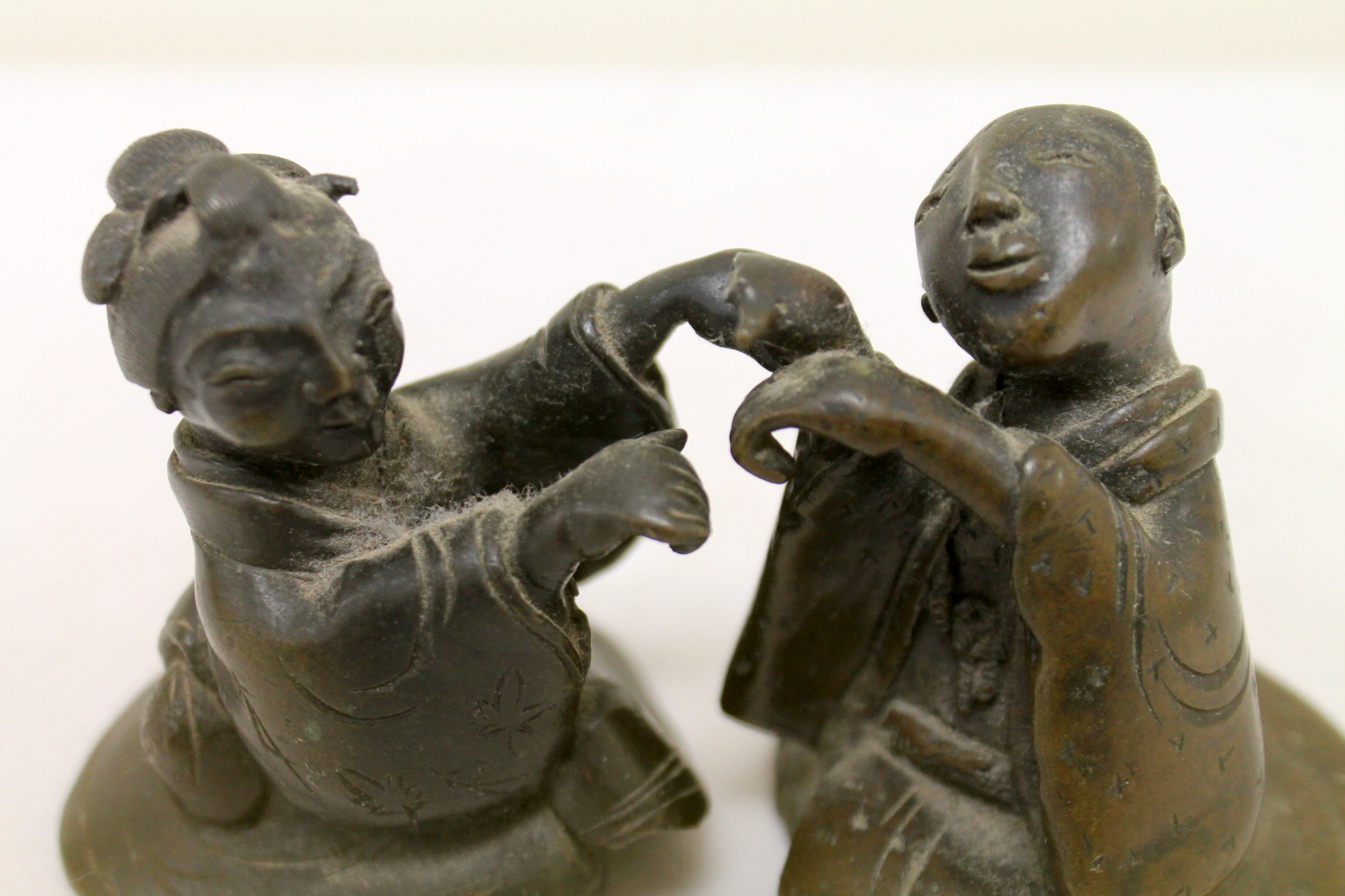 Pair of Meiji period Japanese bronze figures of a geisha and her companion, - Image 4 of 5
