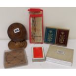 Three packs of playing cards, "Pick up sticks" and two wooden games. (6).