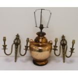 Pair of brass twin branch wall sconces 9" high, also a coppered glass table lamp. 18" high.