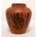 19th century terracotta vase of baluster form with black transfer decoration depicting classical