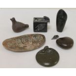 Pottery bird whistle, sgraffitto decorated flat stone,