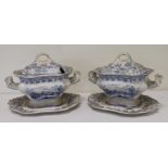 Pair of T. Godwin blue and white "Seasons" pattern sauce tureen and stands, 9" long. (2).