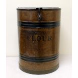 Cylindrical metal "Flour" bin with scumbled decoration. 14½" diam., 19½" high.