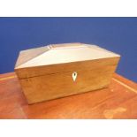 Victorian rosewood sarcophagus shape tea caddy with interior compartments, 32cm long.