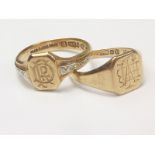 Two 9ct gold signet rings, sizes "J 1/2" and "M". Condition Report. 5.