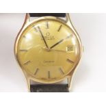Gent's Omega automatic watch, 9ct gold on strap. Condition Report.