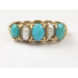 Victorian pearl and turquoise five stone ring in gold.