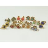 Eleven pairs of gold earrings, including coral chrysoprase, turquoise and other gems, mostly 9ct.