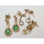 Pair of emerald and diamond drop earrings in 9ct gold, another pair with sapphires and another,