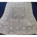 Vintage white crocheted cotton bedspread or tablecloth and a white lace edged table runner, approx.