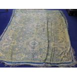 Early 20th century vintage floral woven bedspread in yellow and blue with fringed borders,