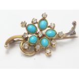 Victorian gold brooch with open cluster of diamonds and turquoise, probably 15ct.