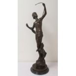 Large reproduction classical bronze figure of Diana The Huntress with bow and hound at foot,