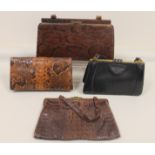 Four ladies vintage handbags in alligator, python and lizard skin, the largest 35cm long,