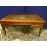 Teak office desk with tooled leather top, pull out side leaves,