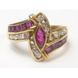 Unusual ring with navette and calibre rubies and graduated diamond brilliants "18K".