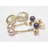 Pair of black and white pearl earrings, a pair of mabe pearl earrings and a pair with pearl drops.