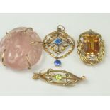 Rose quartz pendant, another with aquamarine paste "9ct", a peridot and pearl brooch and another.