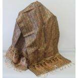 20th century Eastern scarf or shawl woven in pink, lime green, brown and metallic threads,