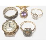 Amethyst pendant in 9ct gold, two similar rings, another and a 9ct gold watch.