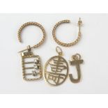 Pair of 9ct curb style earrings, an abacus charm with diamonds, and two others.