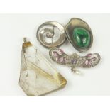 "Venus Hair Stone" (rutilated quartz) pendant and three silver brooches, one with malachite.