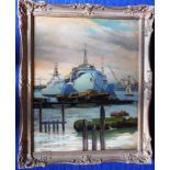 Oil on board of the Naval Dockyard, Portsmouth. By Deidre Henty-Creer, 39.5cm x 49.5cm. Framed.