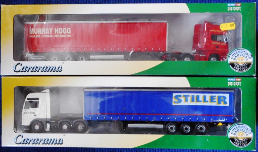 Cararama. (2) Articulated lorry - Murray Hogg. Another - Stiller. Both boxed.