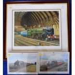 Railwayana. Framed print 'Engineer's Gems' depicting locomotive 'Evening Star' at York Station.