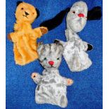 Three glove puppets. Sooty, Sweep and cat.