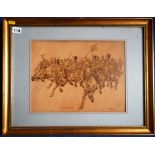 Pokerwork (Pyrograph) of The Royal Scots Greys at Waterloo. 35½cm x 27cm. Framed.