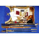 Masonic. Box of various masonic items including staffs, apron fittings etc.