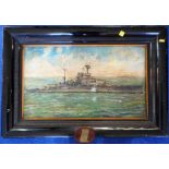 Oil on board of H.M.S. Ramillies. Framed with legend 'H.M.S. Ramillies Sept. 1921 to 1923'.