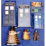 Dr. Who. Three various police boxes, two Daleks, game and Dr. Who model.