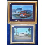 Two framed prints. Siddle C. Cook lorry near The Lazy Trout pub. 43cm x 19cm.