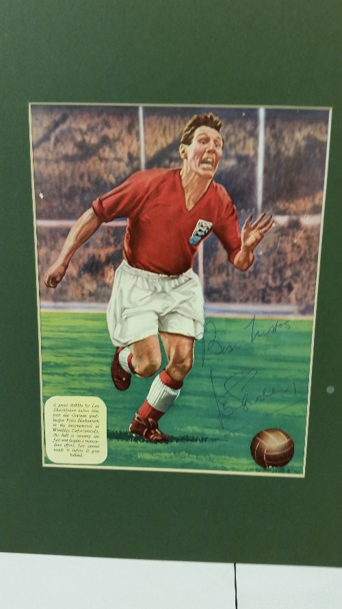 FOOTBALL, signed colour magazine photo by Len Shackleton, in action for England V Germany 1954,