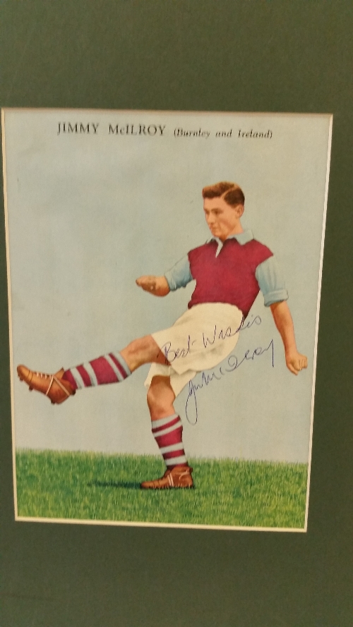 FOOTBALL, signed magazine photo by Jimmy McIlroy, full-length pose in Burnley kit, overmounted, 13.5