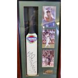 CRICKET, signed miniature bat by Michael Vaughan, attractively mounted in case with three small