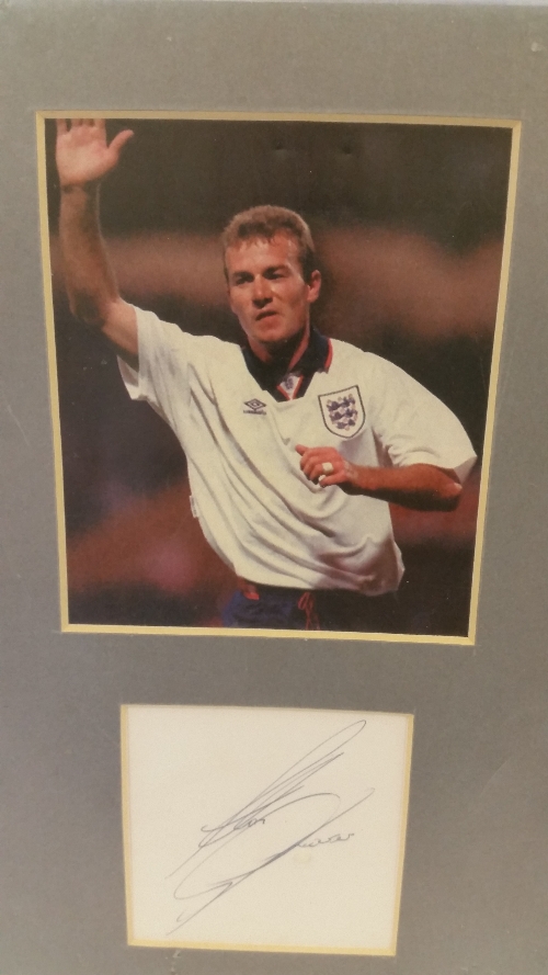 FOOTBALL, signed blank white card by Alan Shearer, overmounted with photo, 8 x 11 overall, VG