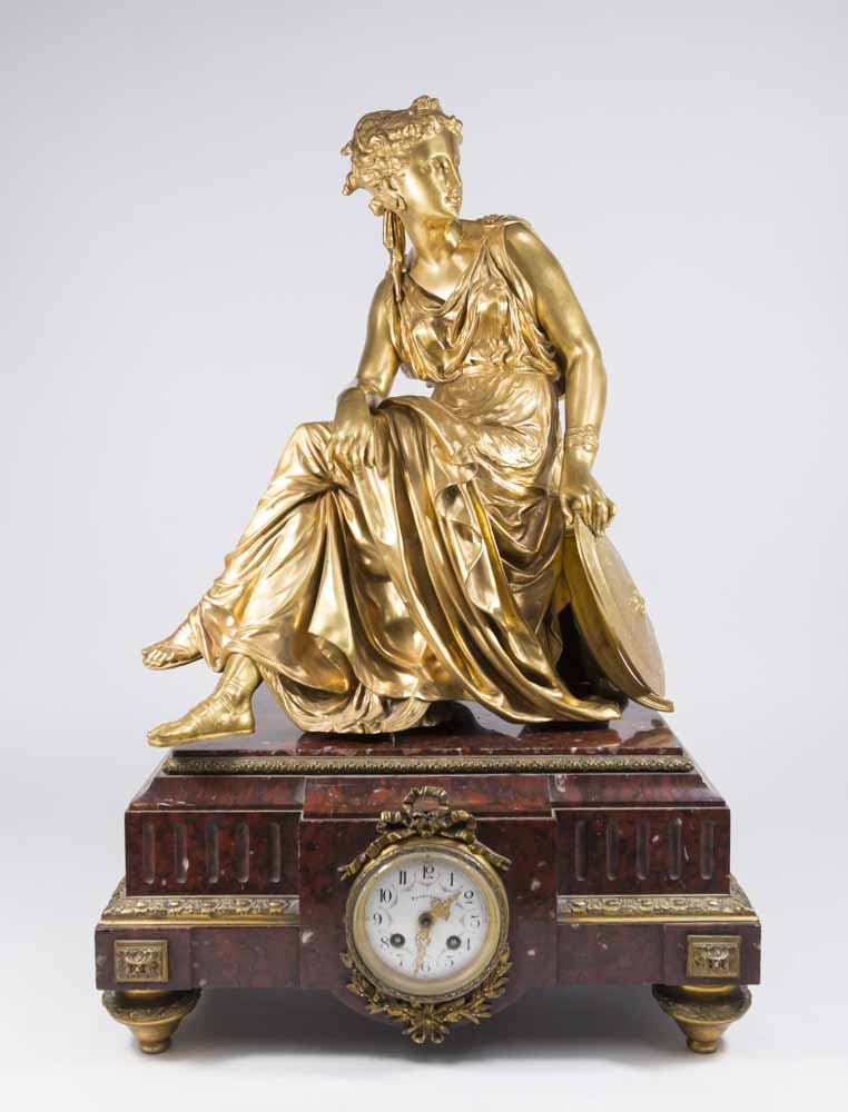 Rouge Marble Clock with Signed Bronze Figure