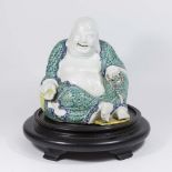 Chinese Porcelain Sitting Buddha on Wood Stand