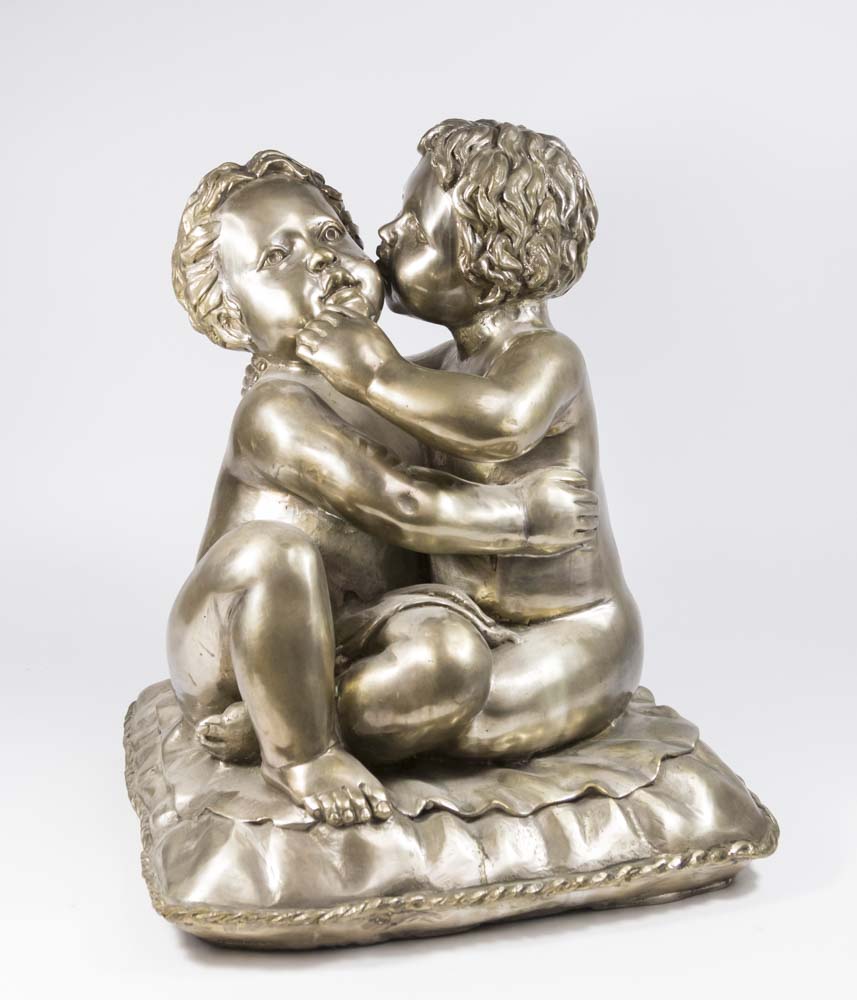 Silvered Bronze Sculpture, 2 Children on Pillow