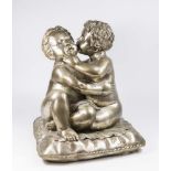 Silvered Bronze Sculpture, 2 Children on Pillow