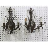 Pair Bronze 2-Arm Sconces with Crystals