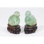 Pair Chinese Green Hardstone Birds on Wood Bases