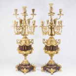 Pair Rouge Marble & Bronze Candelabra