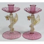 Pair Venetian Gilt Pink & Clear Glass Candlesticks